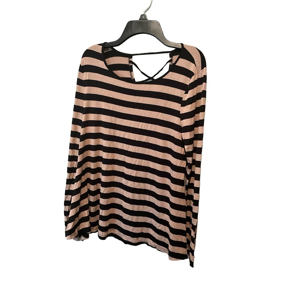 Cable & Gauge Blouse Top Women's M Black/White Stripped Round Sleeve Long Sleeve